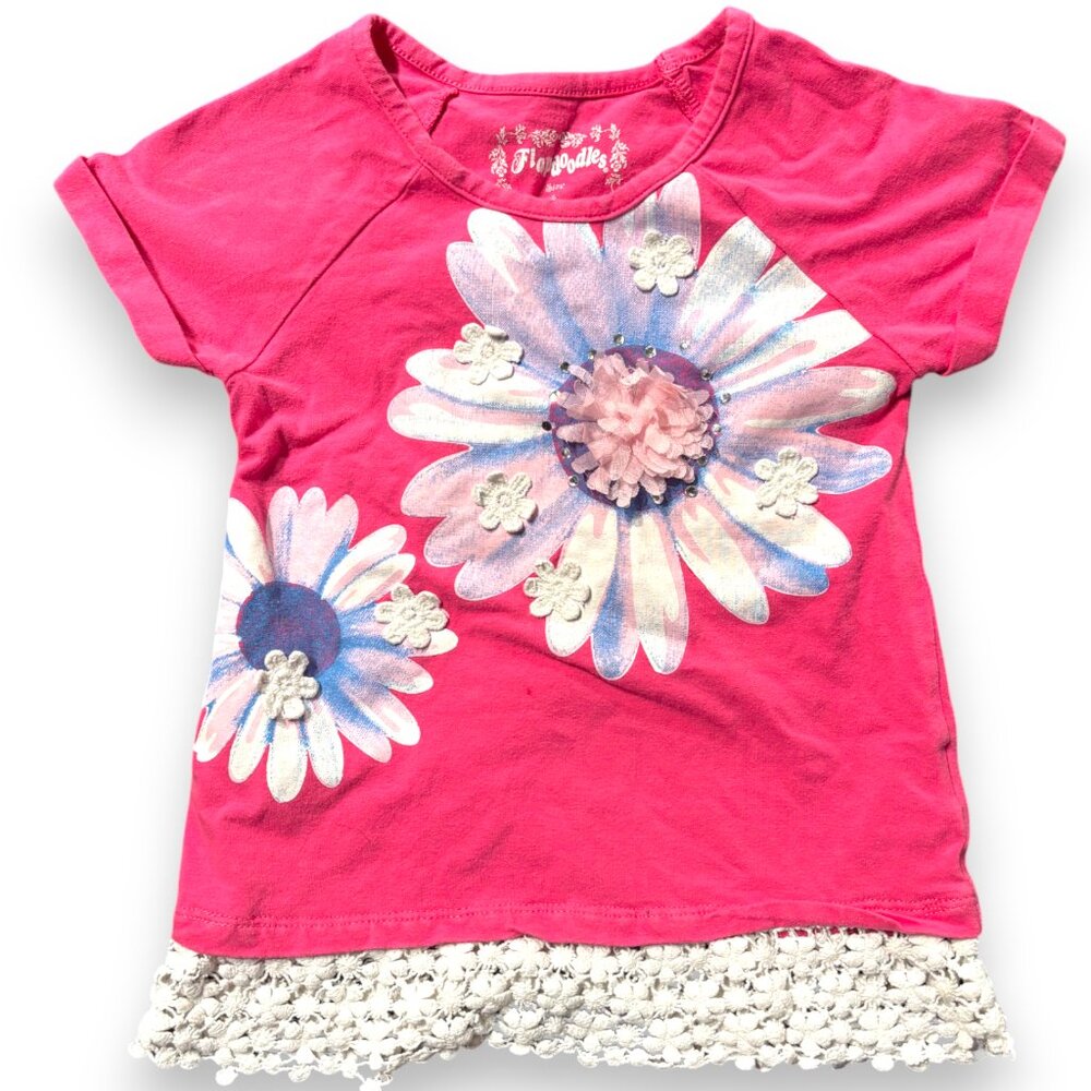 Flapdoodles girl's pink flower and crochet shirt‎ with rhinestones sz 4